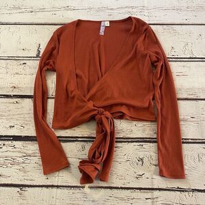 Alya‎ Womens Size Medium Orange Ribbed Wrap Long Sleep Crop Top Made In USA